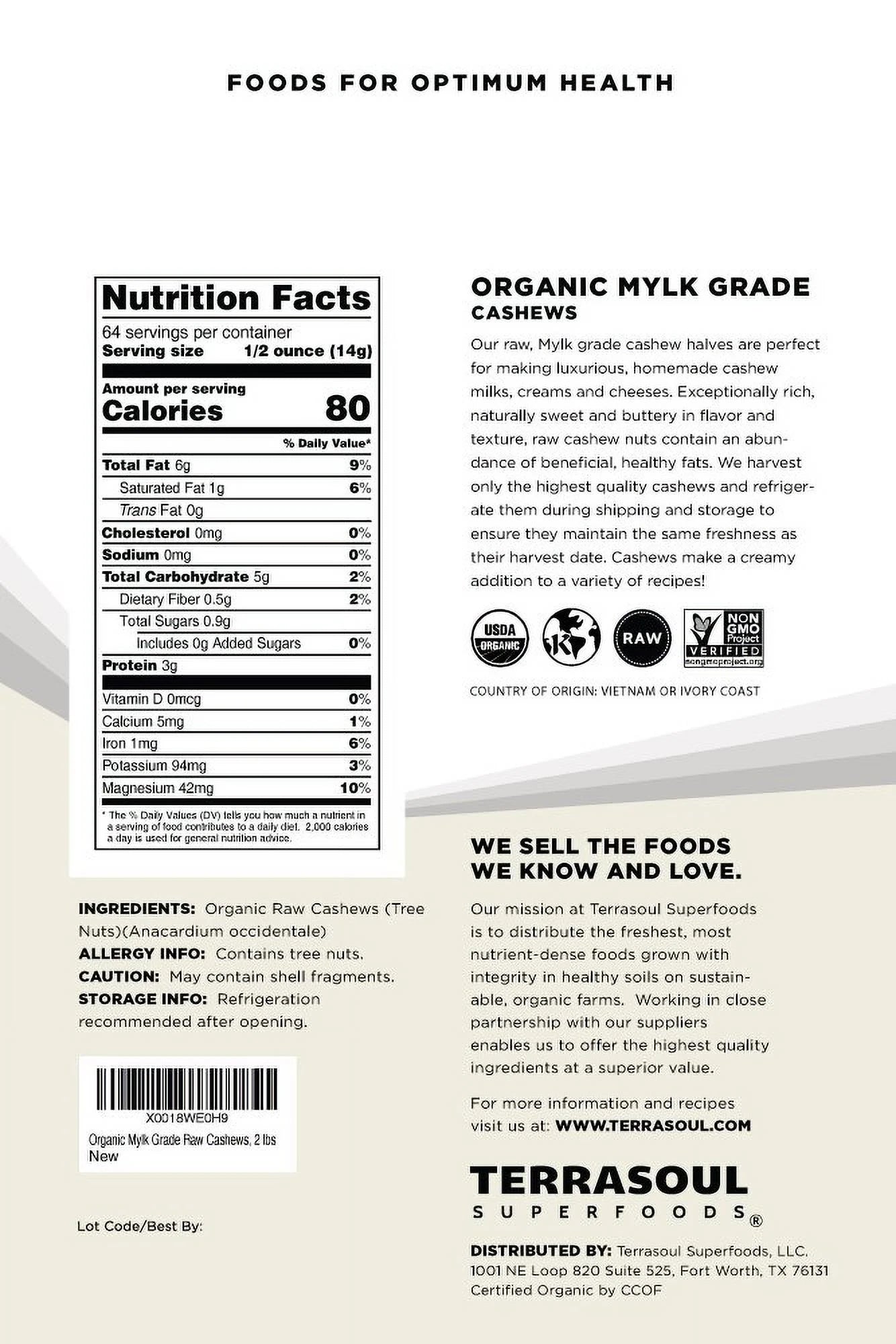 Organic Raw Cashews (Mylk Grade), 2 Pounds R801726