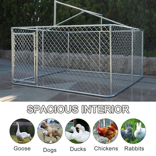 Outdoor Dog Kennel with Roof, Heavy Duty Galvanized Steel Dog Cage for Backyard F817019