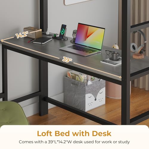 ADORNEVE Twin Size Loft Bed with Desk, LED Lights & Charging Station, White N63088