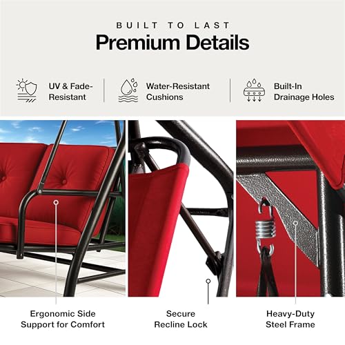 Burgundy 3-Seat Porch Swing with Canopy and Cushions O874281