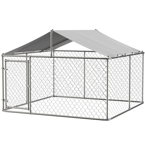 Outside Dog Kennel Pen with Roof, Outdoor Dogs Enclosure Large Galvanized Steel Chain Link Fence Pet House Cage Weather Resistant Heavy Duty for Backyard, 90 x 90 x 65 Inch