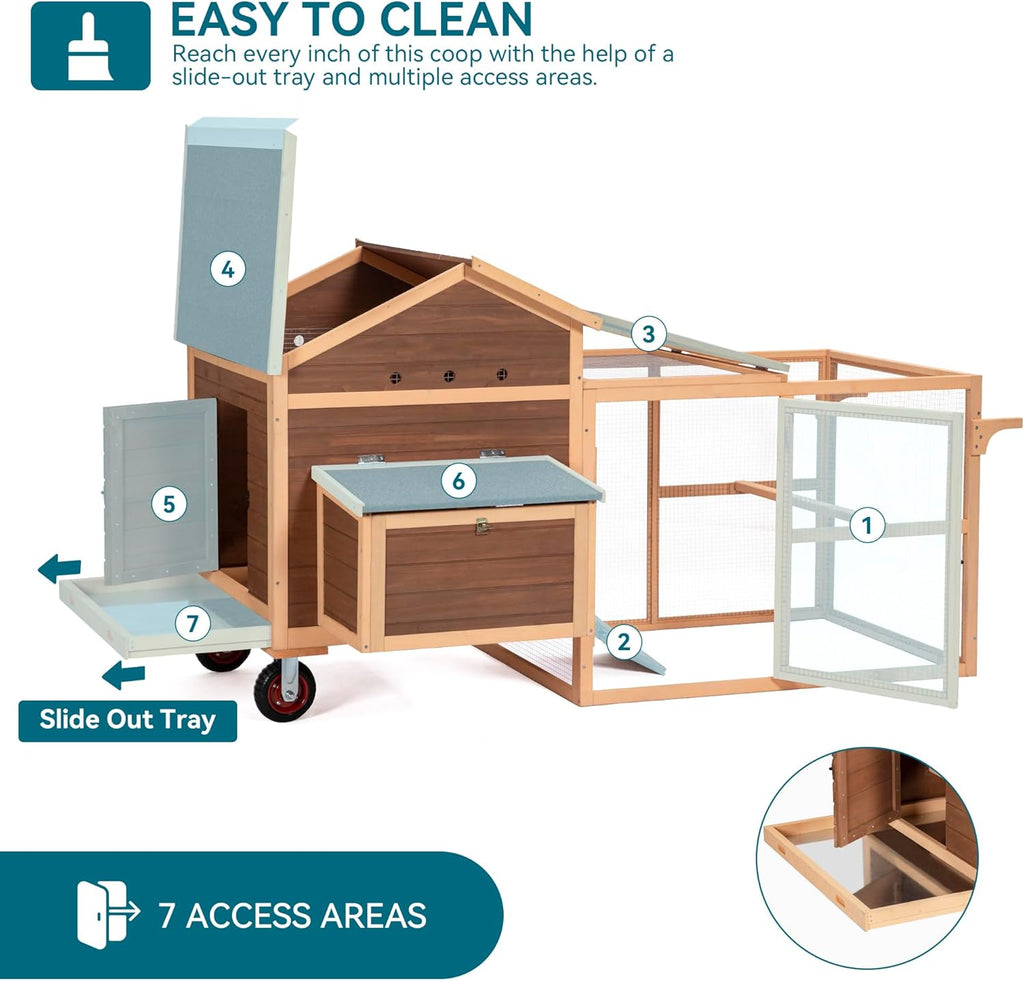PETSFIT Large Chicken Coop Tractor 81" Hen House for 4-8 Chickens with Nesting Box and Wheels R30358
