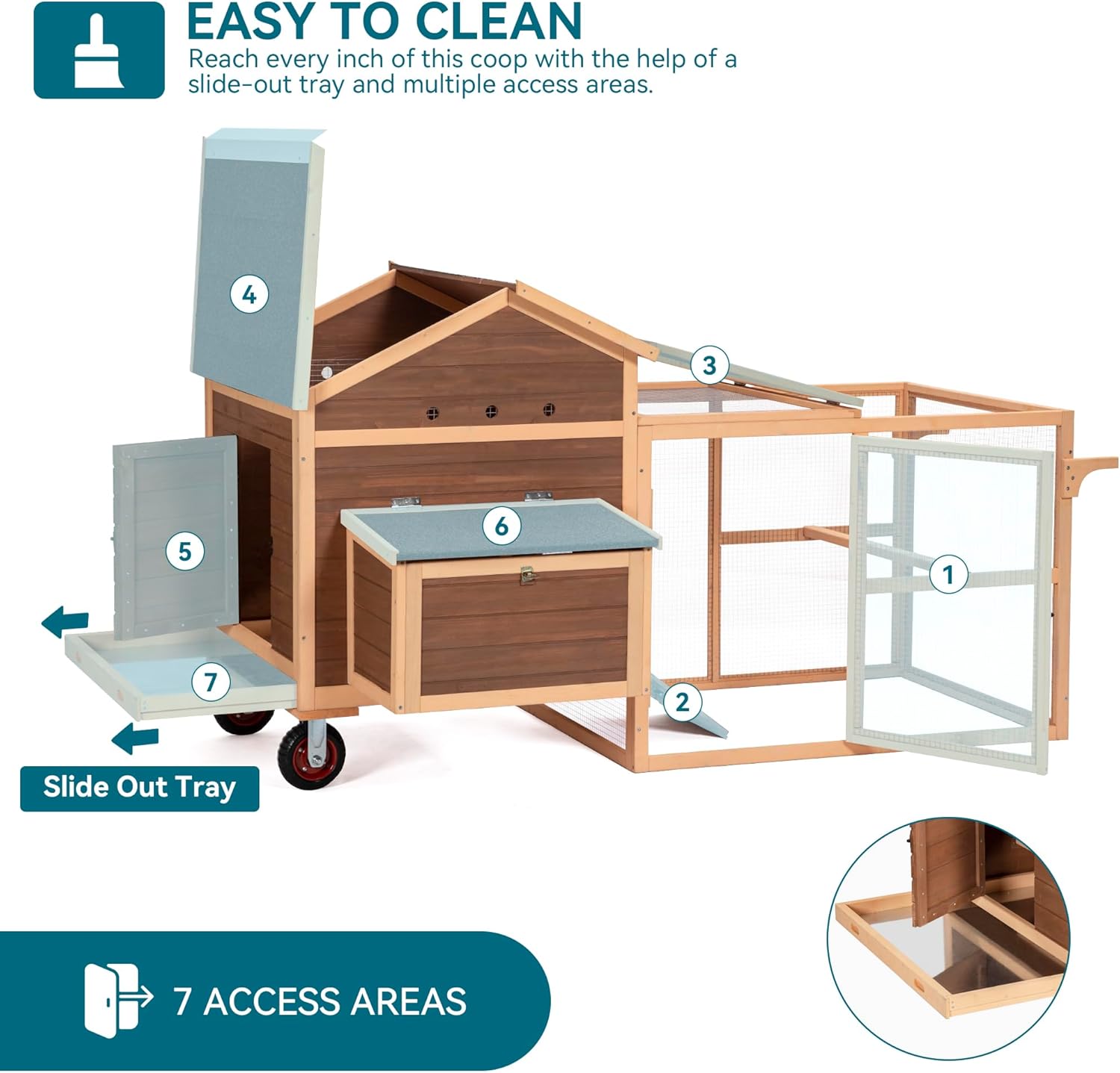 PETSFIT Large Chicken Coop Tractor 81" Hen House for 4-8 Chickens with Nesting Box and Wheels R30358