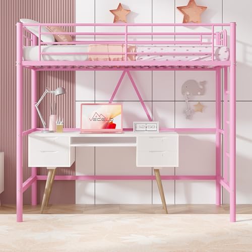 VECELO Loft Bed Twin Size Metal Frame with Ladder and Guardrail, Pink B728246