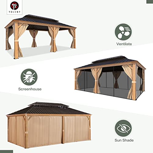 YOLENY 10' x 12' Hardtop Gazebo with Galvanized Steel Double Roof, Netting and Curtains Y84317