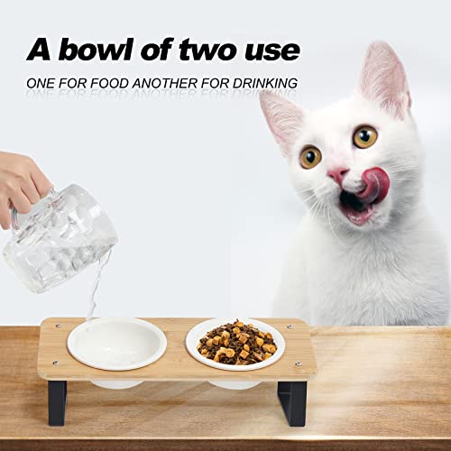 Elevated Cat Food Bowl with Bamboo Stand, 15° Tilted Ceramic Cat Bowl N660