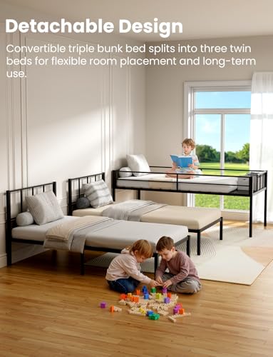 Heavy Duty Triple Bunk Bed Twin over Twin with Guardrails and Ladder, Black Y548246