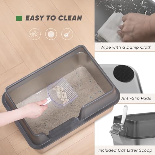 Stainless Steel Cat Litter Box with Scoop, High Sided Walls, White C360108