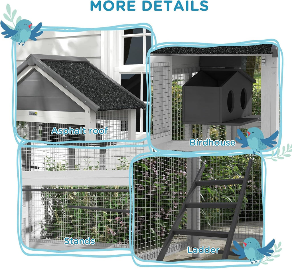 PawHut Wooden Bird Aviary Outdoor Cage with Slide-Out Tray, Gray E331667