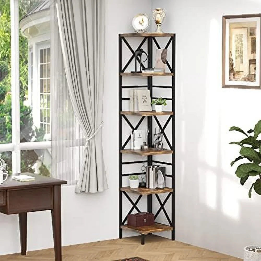 HOOMHIBIU Corner Bookshelf 6-Tier Farmhouse Bookcase, Rustic Brown J349