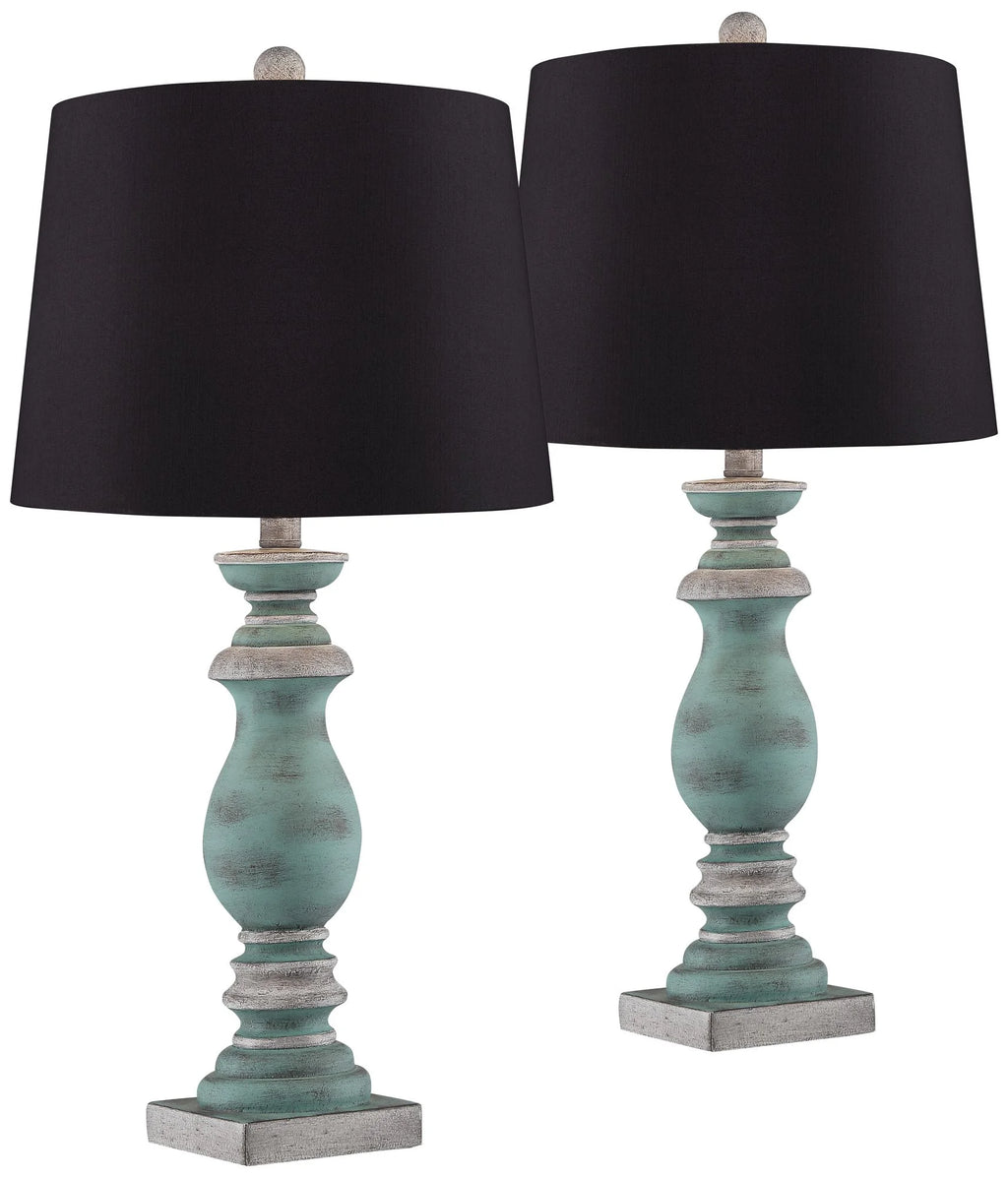 Regency Hill Patsy Country Cottage Table Lamps 26 1/2" High Set of 2 Blue Gray Washed Black Faux Silk Drum Shade for Bedroom Living Room House Bedside
