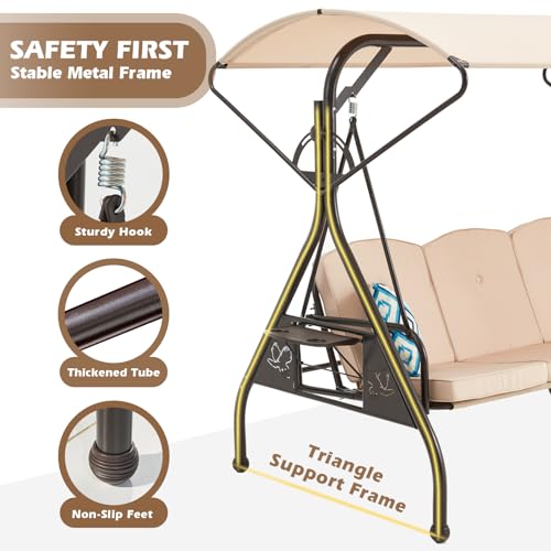 800LBS Patio Swing with Canopy 3 Seat Outdoor Porch Swing with Stand, Cup Holder & Pillow (Green) O887