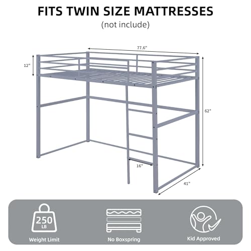 Metal Loft Bed Frame Twin Size with Safety Guard Rails & Built-in Ladder, Black C7852