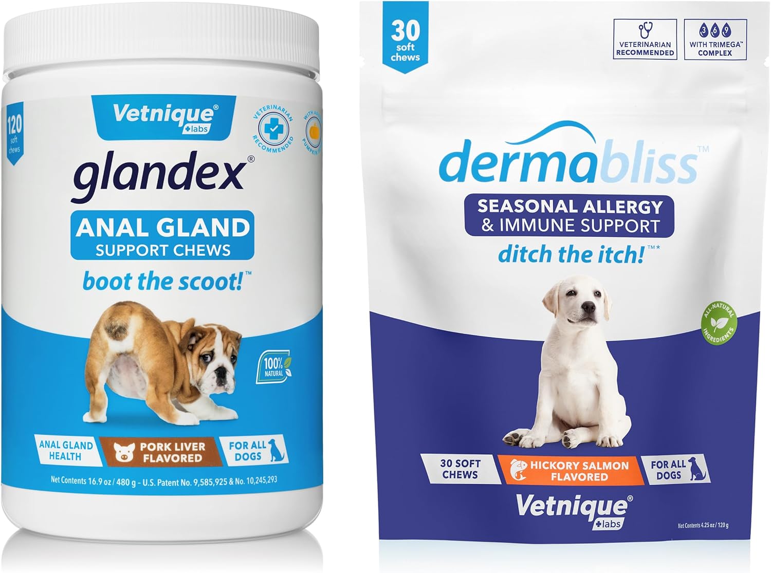 Glandex Anal Gland Support Chews 120ct Pork Liver and Dermabliss Allergy Chews 30ct Hickory Salmon Dog Vitamins and Supplements, Dog Allergy Chews, Dog Allergies Treatments Bundle