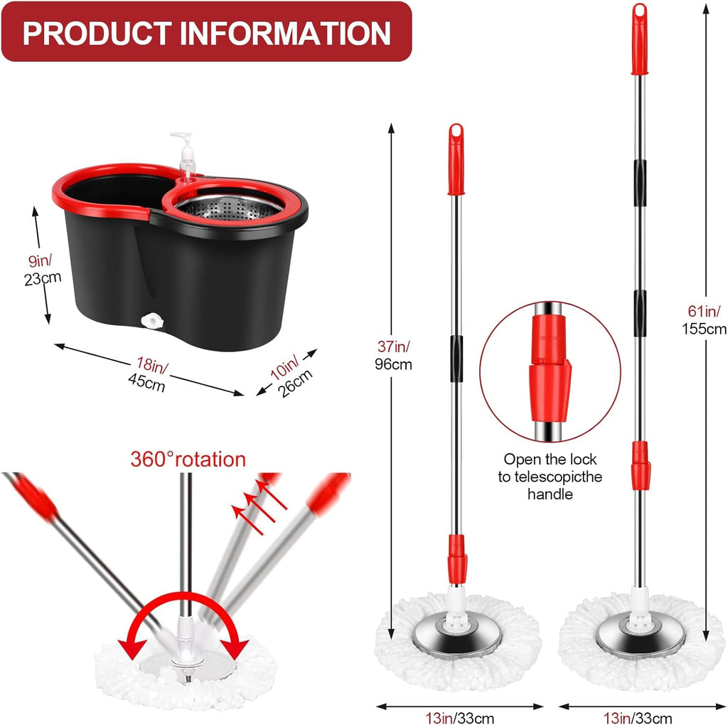 Mop Bucket with Wringer Set, 360 Rotation, 3 Microfiber Mop Heads, Black D15592
