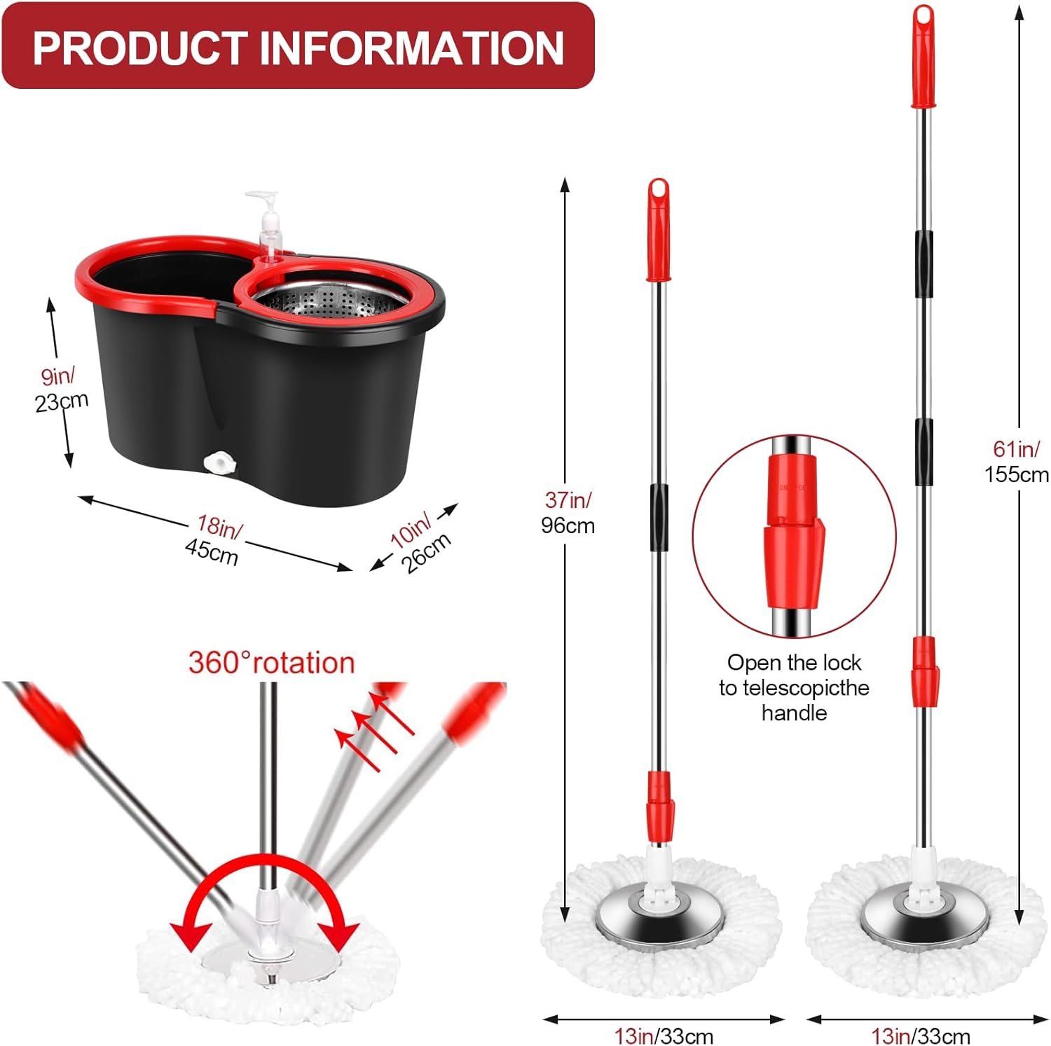 Mop Bucket with Wringer Set, 360 Rotation, 3 Microfiber Mop Heads, Black D15592