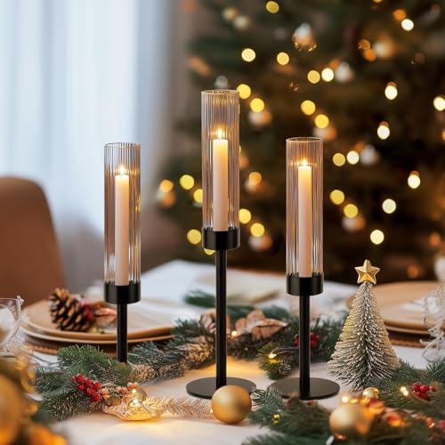 Black Hurricane Candle Holders Set of 6 Glass Taper Candlestick Holders G494