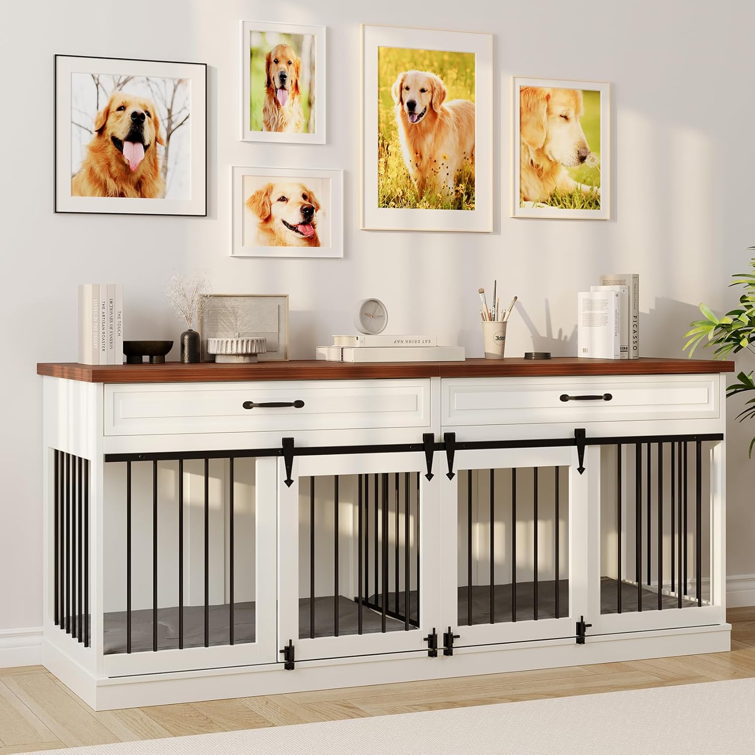 Dog Crate Furniture - Farmhouse Indoor Wooden Dog Kennel with Sliding Barn Doors, Room Divider and 2 Drawer, 72”L x 23.6”W x 31.5”H, White