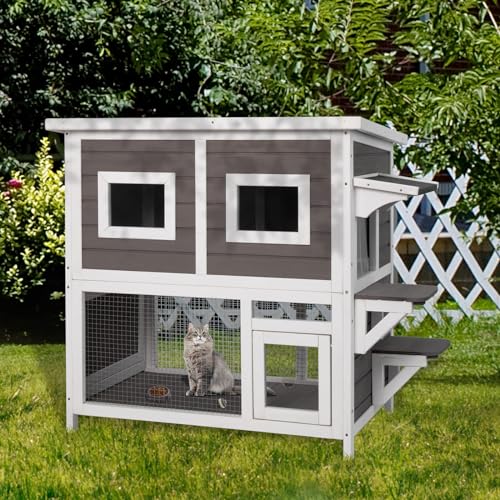 Outdoor Cat House Weatherproof Two Story Wooden Shelter with Ladder U54029