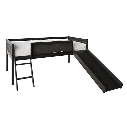 Antique Gray Wood Twin Loft Bed with Slide and Ladder for Kids A324