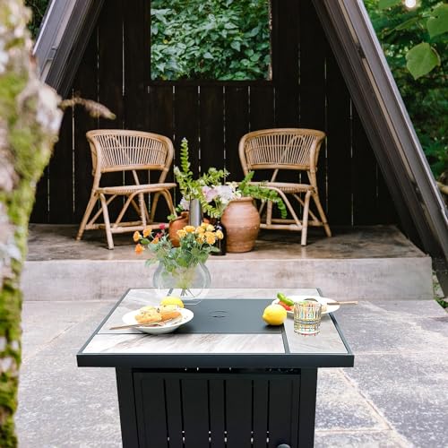 30" Propane Fire Pit Table with Ceramic Top, 50000 BTU, Outdoor Gas Firepit with Lid & Glass Rock Y964