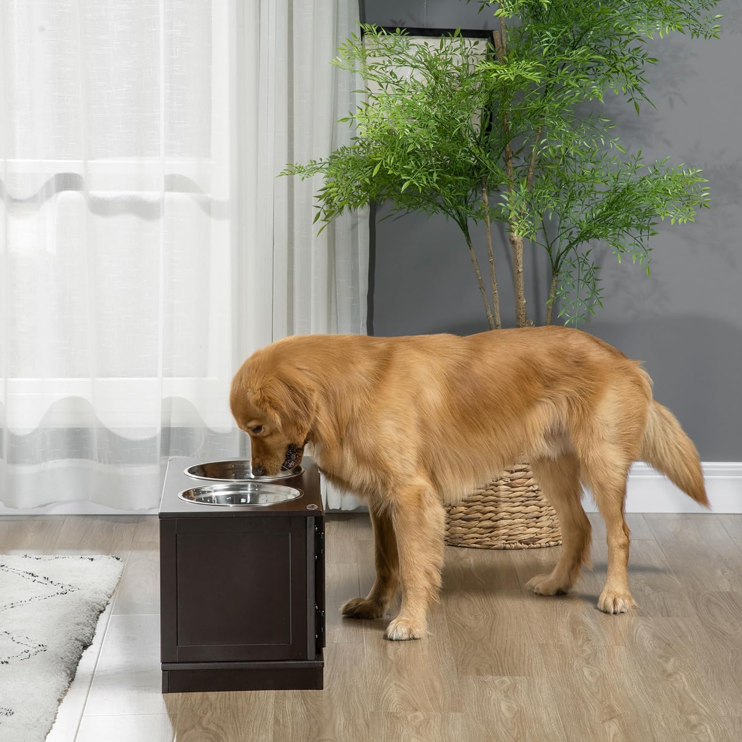PawHut Elevated Dog Bowls for Large Dogs with Storage Cabinet, 2 Stainless Steel Bowls P185
