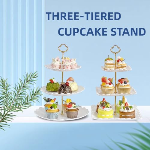 2 Pack 3 Tier Dessert Cupcake Stand, Round & Square Plastic Serving Tray, White X291013