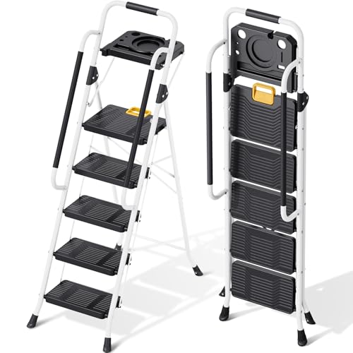 KINGRACK 3 Step Folding Ladder, 800lbs Capacity, Non-Skid Wide Pedals, White W71585
