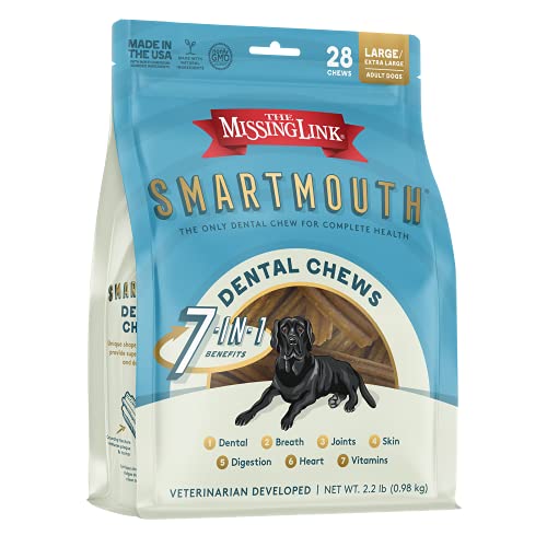 The Missing Link Smartmouth Vet Developed Dental Chew Treats, 7-in-1 Benefits: Healthy Teeth & Gums, Breath, Skin, Joints, Digestion, Heart, Immune System – Small/Medium 15-50lb Dogs, 28 Ct