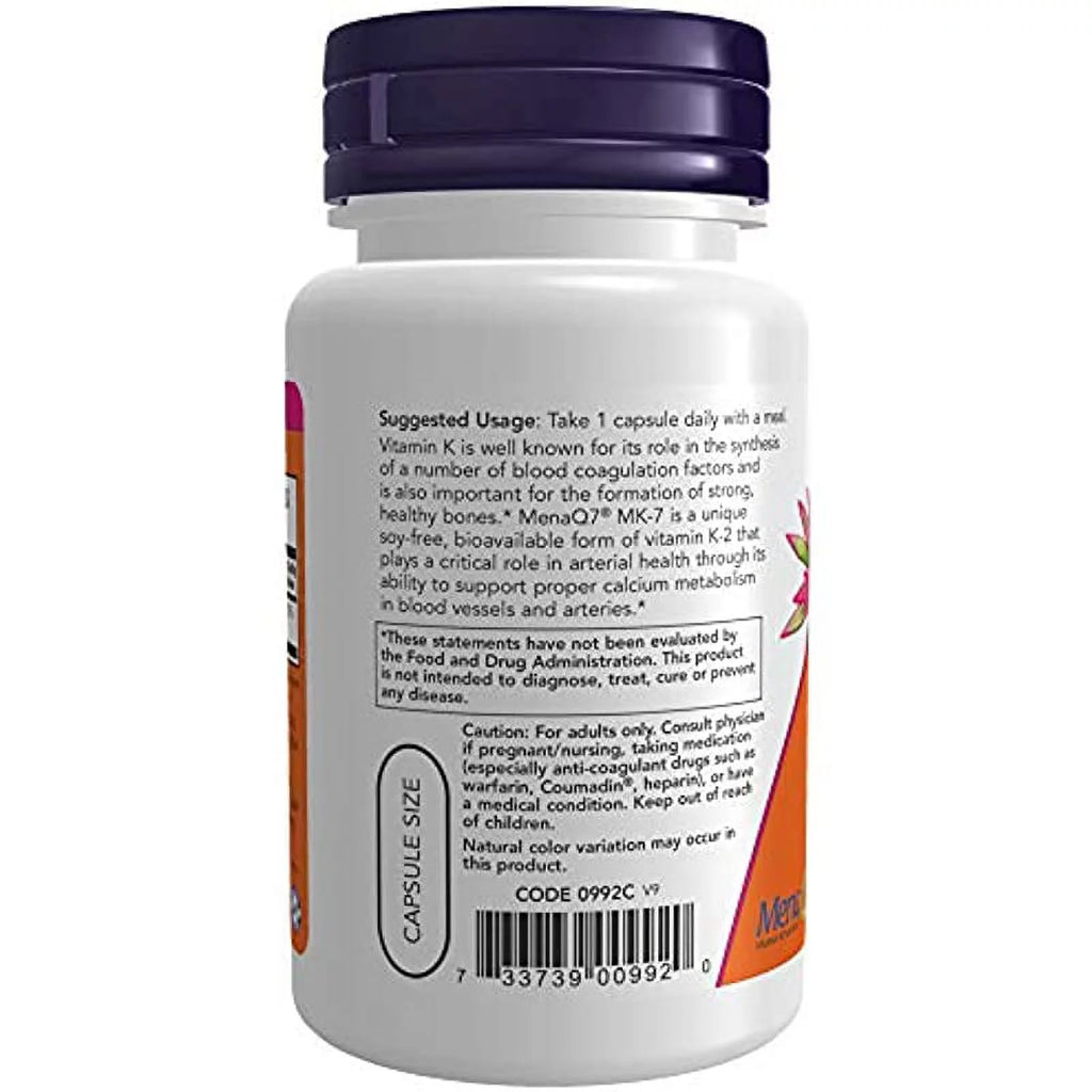 NOW Supplements MK-7 Vitamin K-2 100 mcg, 60 Veg Capsules D182605