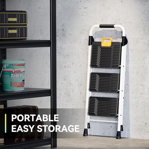 KINGRACK 3 Step Folding Ladder, 800lbs Capacity, Non-Skid Wide Pedals, White W71585