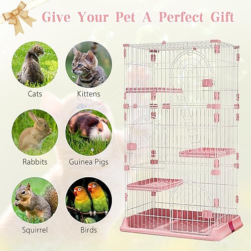 Hamiledyi Indoor Cat Cage 52 Inches Large Pet Crate with 3 Platforms and 1 Ramp Ladders (Pink) O39080
