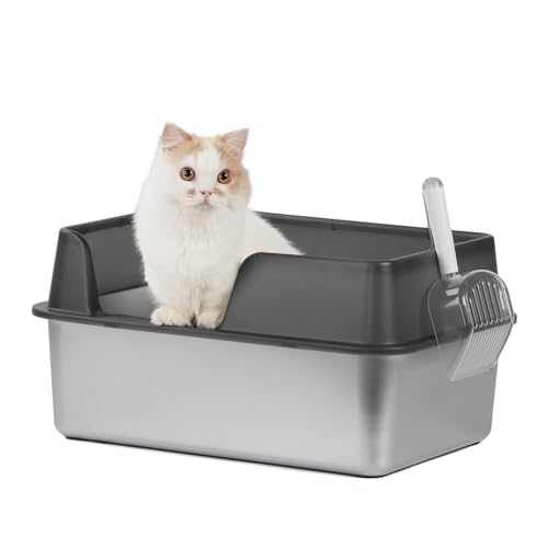 Stainless Steel Cat Litter Box with Scoop, Large Litter Box with High Sided Walls, Durable Metal Kitty Litter Box with Enclosure, Odorless, No Leakage, Easy to Clean (White)