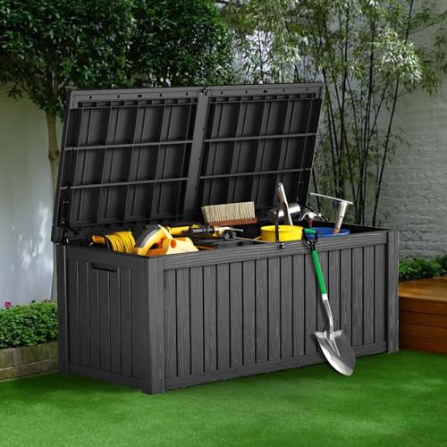 260 Gallon UV Resistant Outdoor Storage Box, Lockable Resin Deck Box, Gray E1034