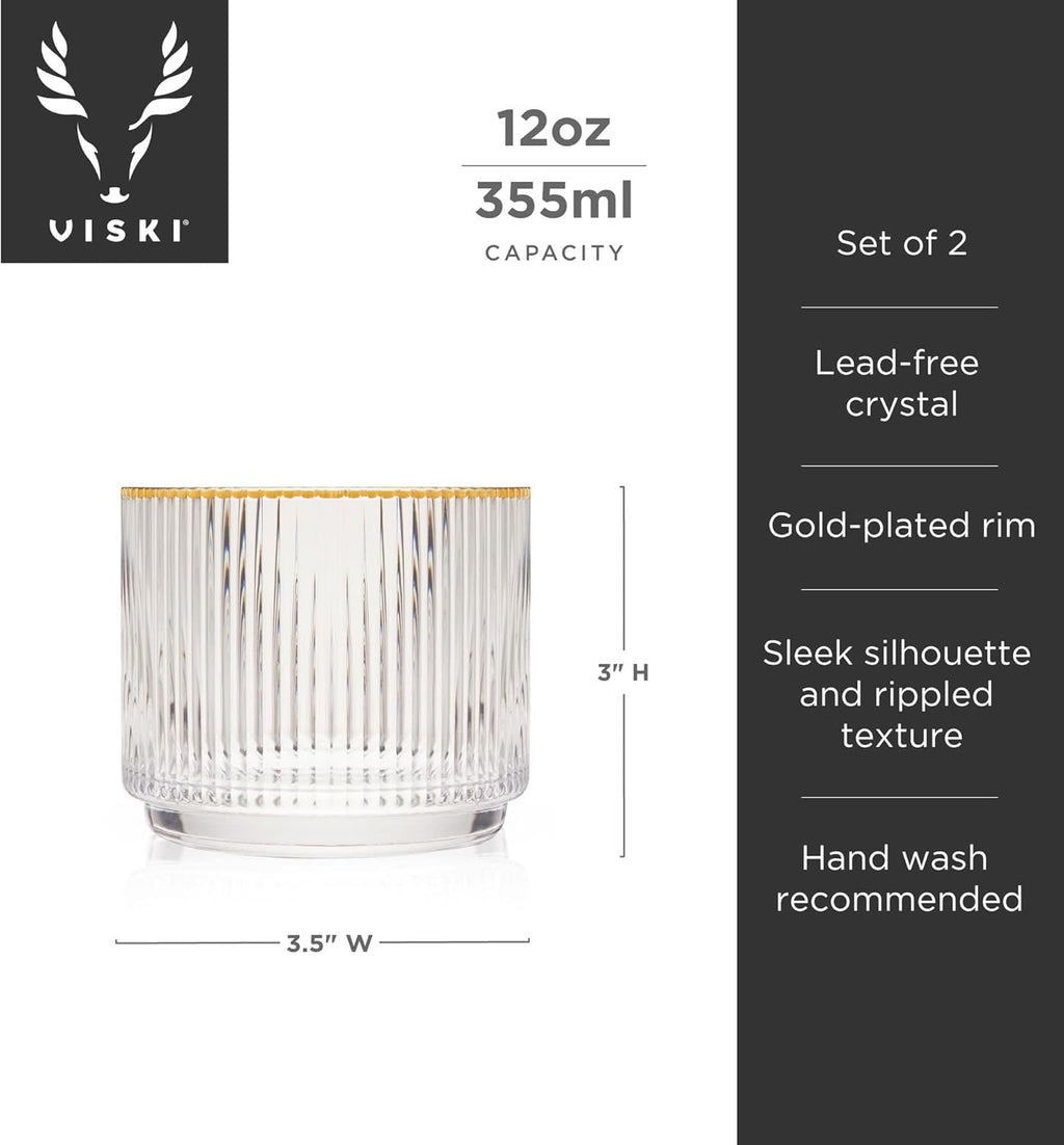 Viski Meridian Crystal Lowball Tumblers, Art Deco Whiskey Glasses, 12oz Set of 2 Q68876