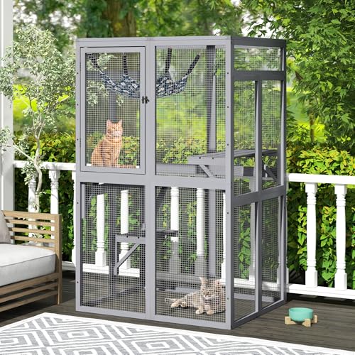 Wooden Catio Outdoor Cat Enclosure with Window Access (Black) D5959