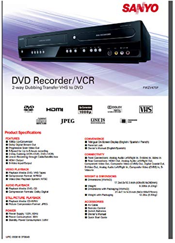 Sanyo DVD Recorder/VCR Combo 2-Way Recording L514144