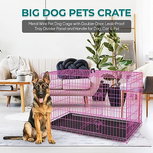 48" Large Foldable Dog Crate Metal Wire Kennel with Double-Door and Leak-Proof Tray Z914432