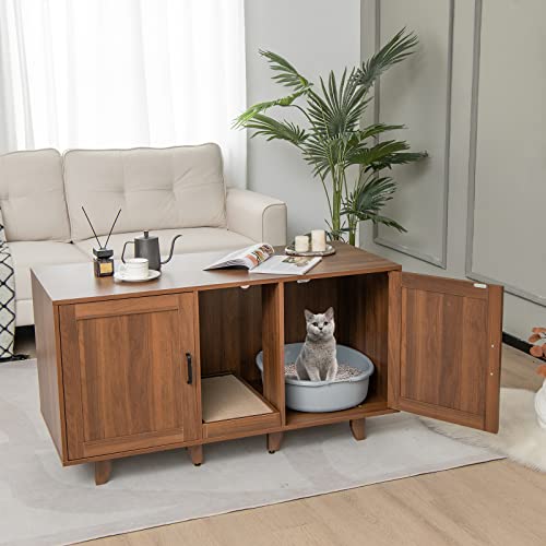 Tangkula Double Cat Litter Box Enclosure Cabinet with Scratching Board, Grey Oak A19110