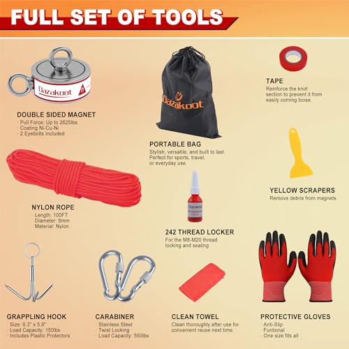 2600LBS Double Side Magnet Fishing Kit with Case, 100FT Rope, Glove, Grappling Hook E21007