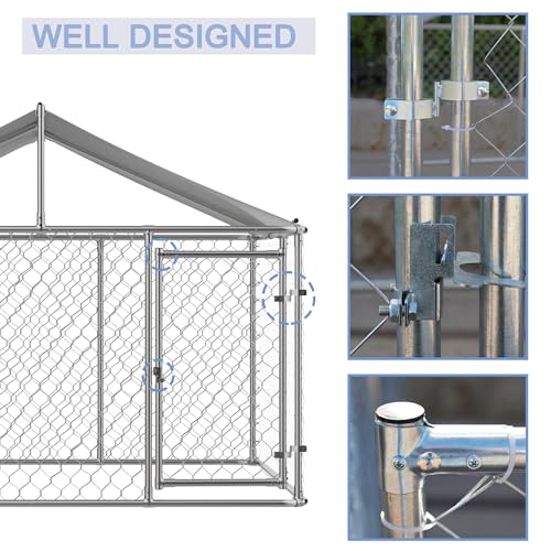 Outdoor Dog Kennel with Roof, Heavy Duty Galvanized Steel Dog Cage for Backyard F817019