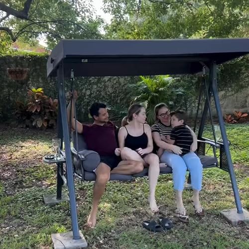 PURPLE LEAF Outdoor Patio Porch Swing with Adjustable Canopy, 3-Seat Bench, Grey W393