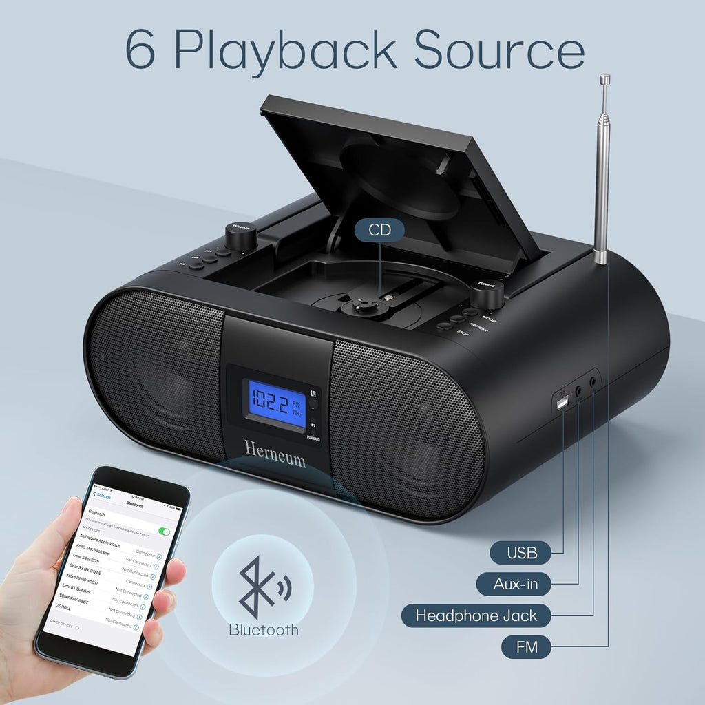 Portable CD Player Boombox with Bluetooth, FM Radio, and Remote Control C68366