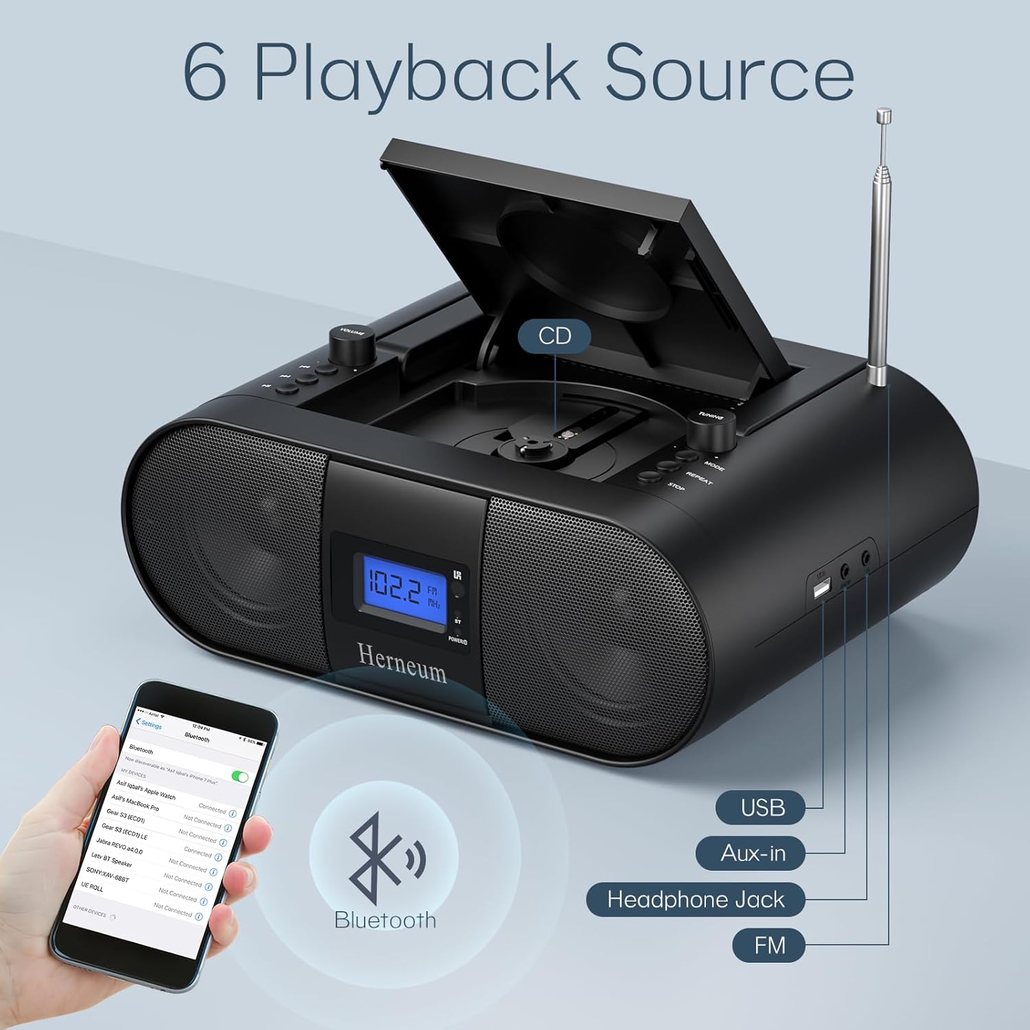Portable CD Player Boombox with Bluetooth, FM Radio, and Remote Control C68366