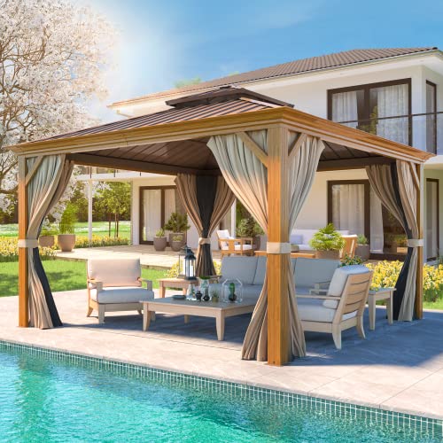 YOLENY 10' x 12' Hardtop Gazebo with Galvanized Steel Double Roof, Netting and Curtains Y84317