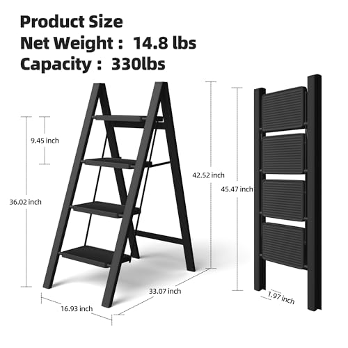 4 Step Ladder, Anti-Slip Wide Pedal, 330lbs Capacity Steel Folding Ladder (Black) S8007