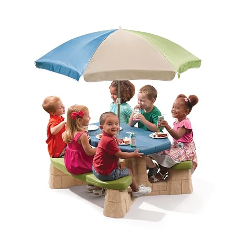 Step2 Naturally Playful Kids Picnic Table with Umbrella, Indoor/Outdoor, Blue & Green A12222