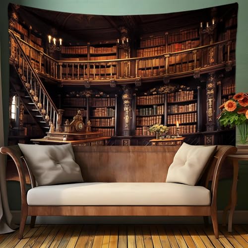 QGHOT Medieval Bookshelf Tapestry Vintage Library Wall Hanging P36533