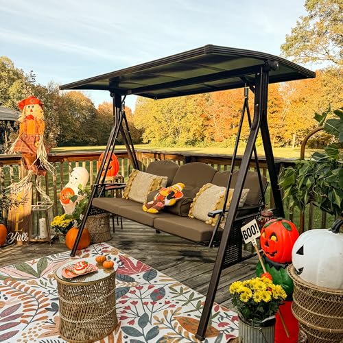 PURPLE LEAF Outdoor Patio Porch Swing with Adjustable Canopy, 3-Seat Bench, Grey W393