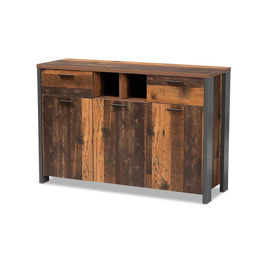 Baxton Studio Ranger Mid-Century Modern Rustic Brown Wood and Grey Metal 2-Door Sideboard G811